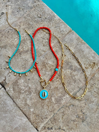 Horseshoe Beaded Necklace | Turquoise Cowrie Shell Charm Chain | Bohemian Summer Layered Necklace | Layering Necklace | Beach Necklace