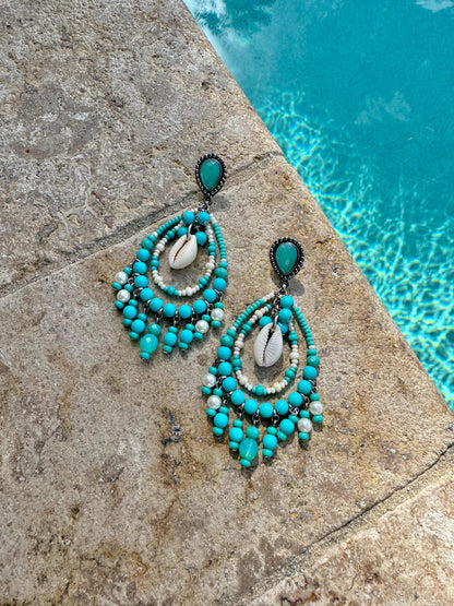 Beaded chandelier earrings in turquoise or silver tones — AVINZIA handmade jewelry