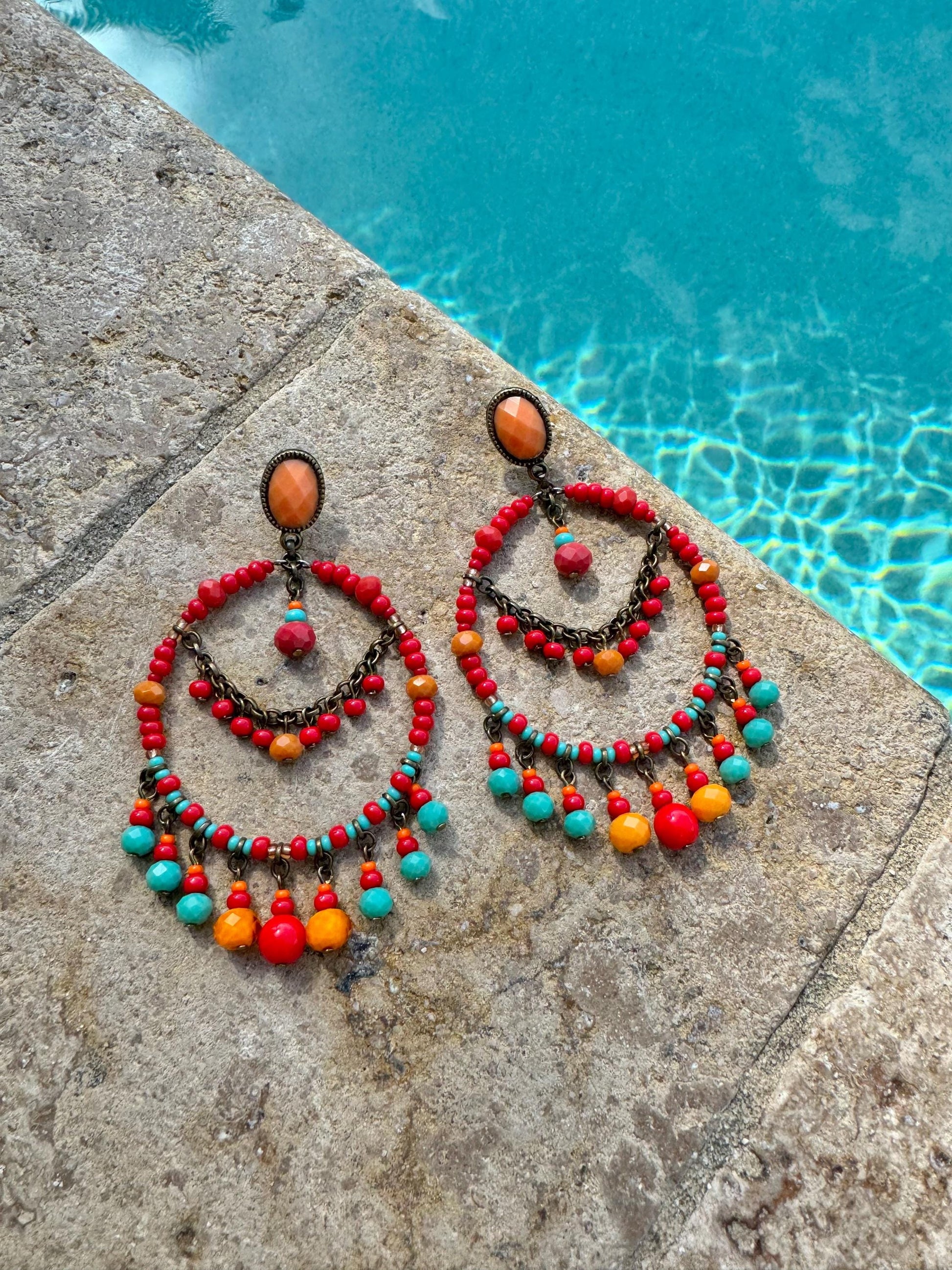 Red Bohemian Earrings | Chandelier Earrings | Boho Beaded Earrings