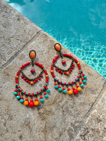 Red Bohemian Earrings | Chandelier Earrings | Boho Beaded Earrings