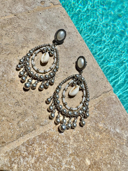 Beaded chandelier earrings in turquoise or silver tones — gift-ready handmade jewelry by AVINZIA