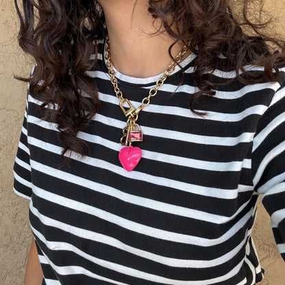 Puffed Pink Heart Bag Charm | Lock Charm Necklace | Convertible Jewelry | 3 in 1 Necklace | Puffed Orange Heart Necklace Jewelry Lover Gift