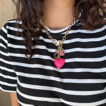 Puffed Pink Heart Bag Charm | Lock Charm Necklace | Convertible Jewelry | 3 in 1 Necklace | Puffed Orange Heart Necklace Jewelry Lover Gift