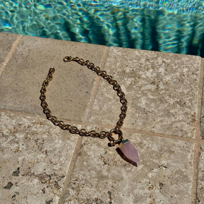 Crystal quartz point pendant necklace on chunky rolo shackle chain — handmade in Florida by AVINZIA