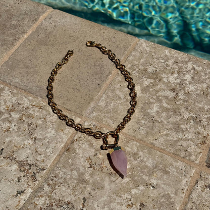 Crystal quartz point pendant necklace on chunky rolo shackle chain — AVINZIA handmade jewelry