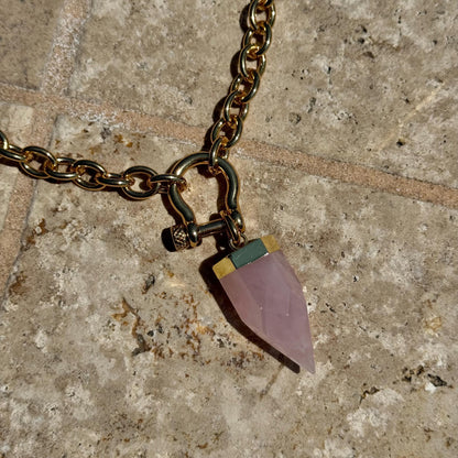Crystal quartz point pendant necklace on chunky rolo shackle chain by AVINZIA — handmade coastal jewelry