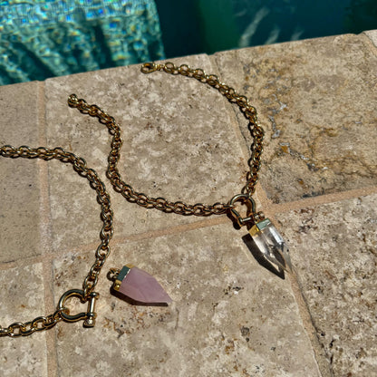 Crystal quartz point pendant necklace on chunky rolo shackle chain by AVINZIA