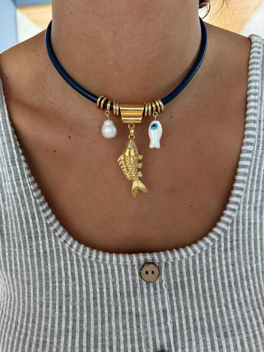 Vegan Leather Choker | Gold Fish Charm Choker Necklace | Pink Choker | Navy Blue Choker | Nude Choker
