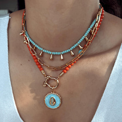 Horseshoe Beaded Necklace | Turquoise Cowrie Shell Charm Chain | Bohemian Summer Layered Necklace | Layering Necklace | Beach Necklace