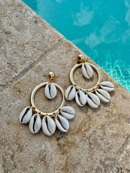 Cowrie Shell Earrings | Gold Hoop Chandelier Earrings | Seashell Bohemian | Summer Earrings for Women
