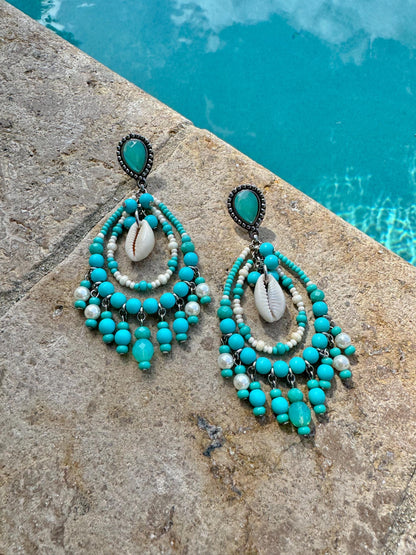 Beaded chandelier earrings in turquoise or silver tones by AVINZIA — handmade coastal jewelry