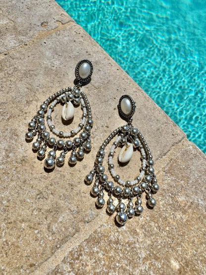 Beaded chandelier earrings in turquoise or silver tones by AVINZIA
