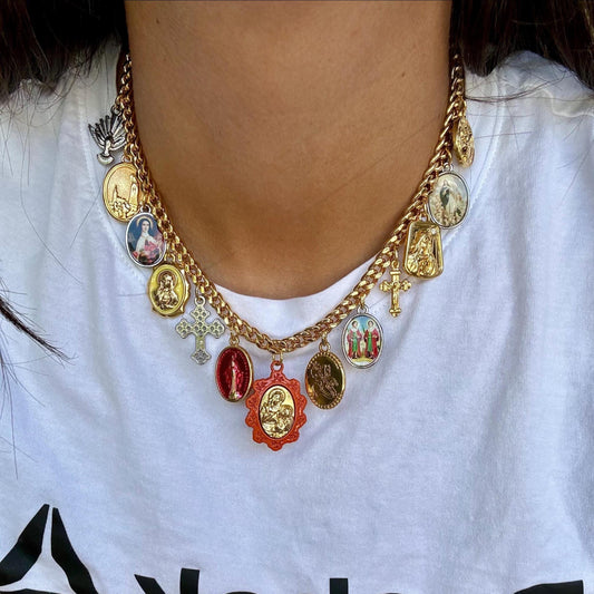 Saints Necklace | Antique Religious Charms Necklace | Catholic Necklace | St George Holly Spirit Virgin Mary Jesus Cross
