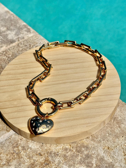 Starbust Puffy Heart Necklace | Thick Gold Chain Necklace with Love Heart Charm | Chunky Statement Necklace | Chunky Jewelry