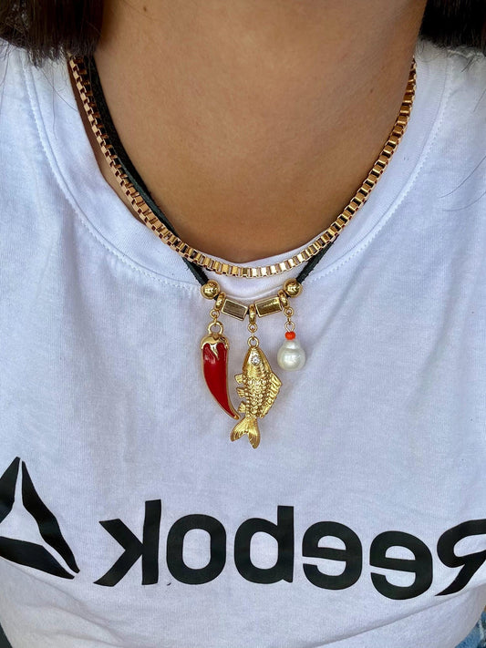 Real Leather Choker | Gold Fish Charm Choker Necklace | Fish Choker | Turquoise Blue Choker | Black Choker