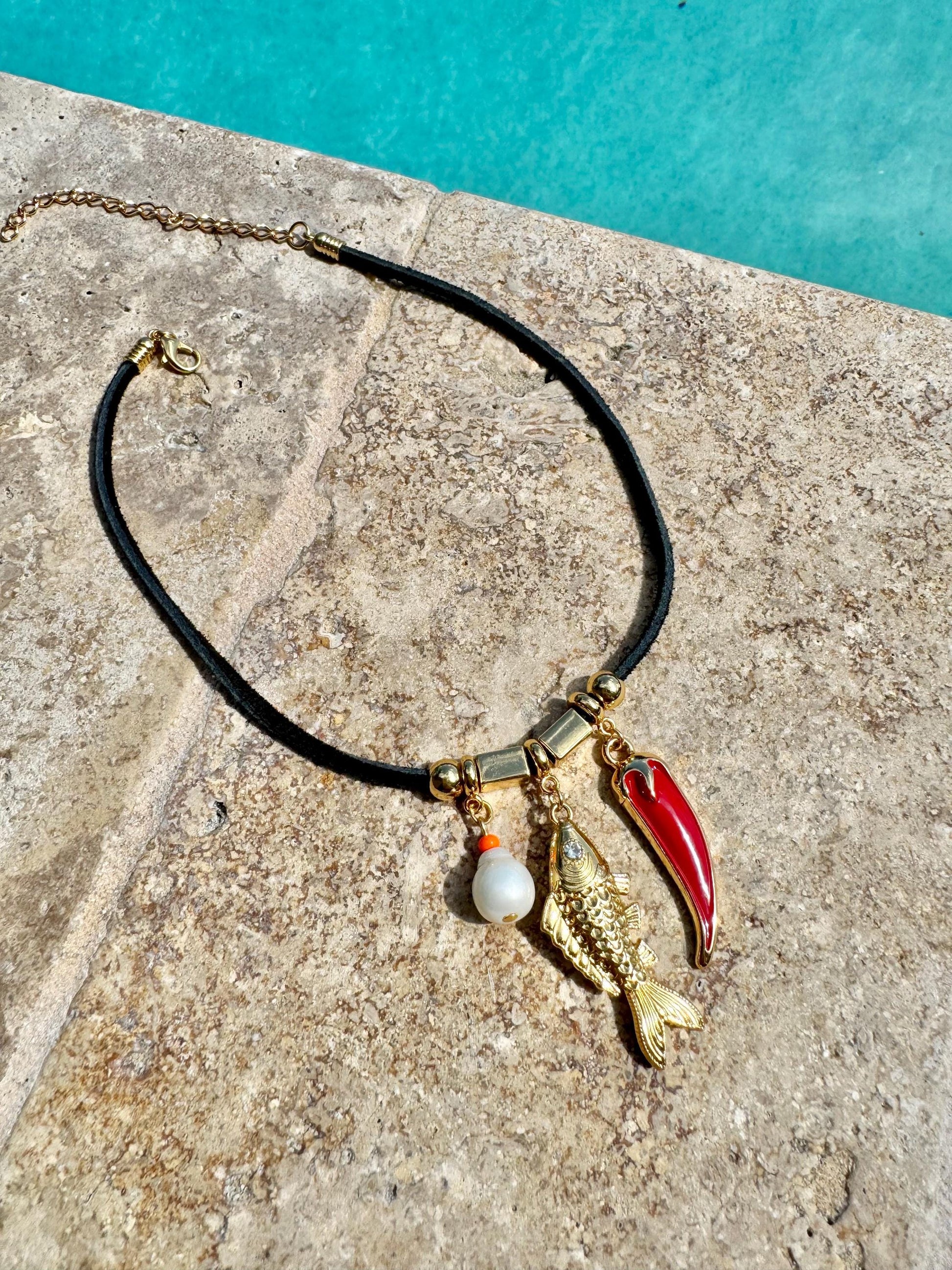 Real Leather Choker | Gold Fish Charm Choker Necklace | Fish Choker | Turquoise Blue Choker | Black Choker