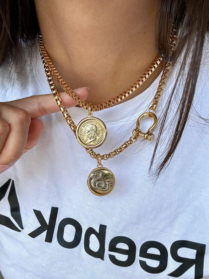 2 Gold Coin Necklaces Set | to Gift for Mom | Gold Horseshoe Shackle Clasp Necklace | Snake Charm Necklace | Boxchain Necklace with Coin