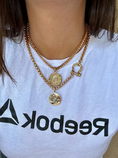 2 Gold Coin Necklaces Set | to Gift for Mom | Gold Horseshoe Shackle Clasp Necklace | Snake Charm Necklace | Boxchain Necklace with Coin