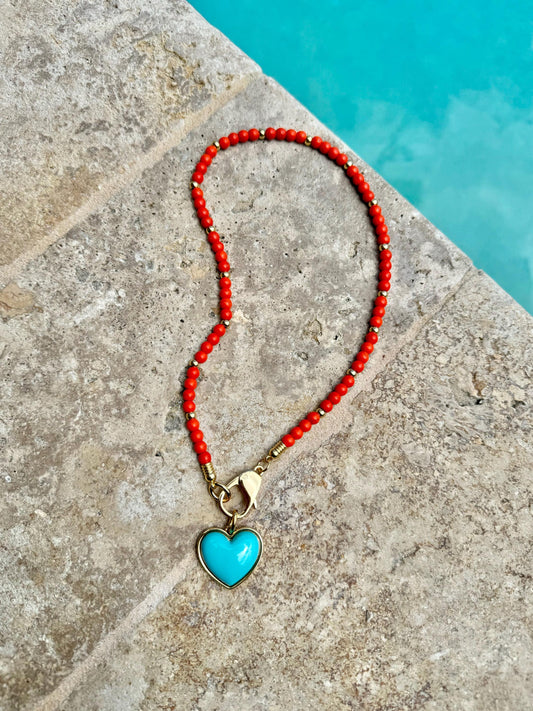 Red crystal beaded necklace with large turquoise heart charm Large turquoise pendant necklace Large lobster clasp necklace Teal jewelry