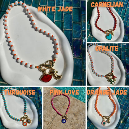 18” Beaded Carabiner Charms Necklace | Gemstone Carabiner Clasp Necklace | Colorful Beaded Summer Necklace | Gift for Her Personalized