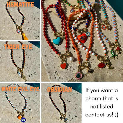 18” Beaded Carabiner Charms Necklace | Gemstone Carabiner Clasp Necklace | Colorful Beaded Summer Necklace | Gift for Her Personalized