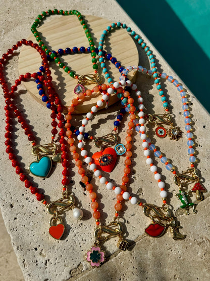 Carabiner charm necklace, pick two charms, colorful beaded styles — AVINZIA handmade jewelry