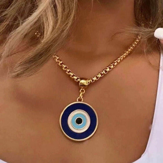 Large Evil Eye Charm Necklace | Dainty Gold Chain Necklace With Evil Eye Charm Greek Eye Pendant Turkish Eye Protection Necklace For Her
