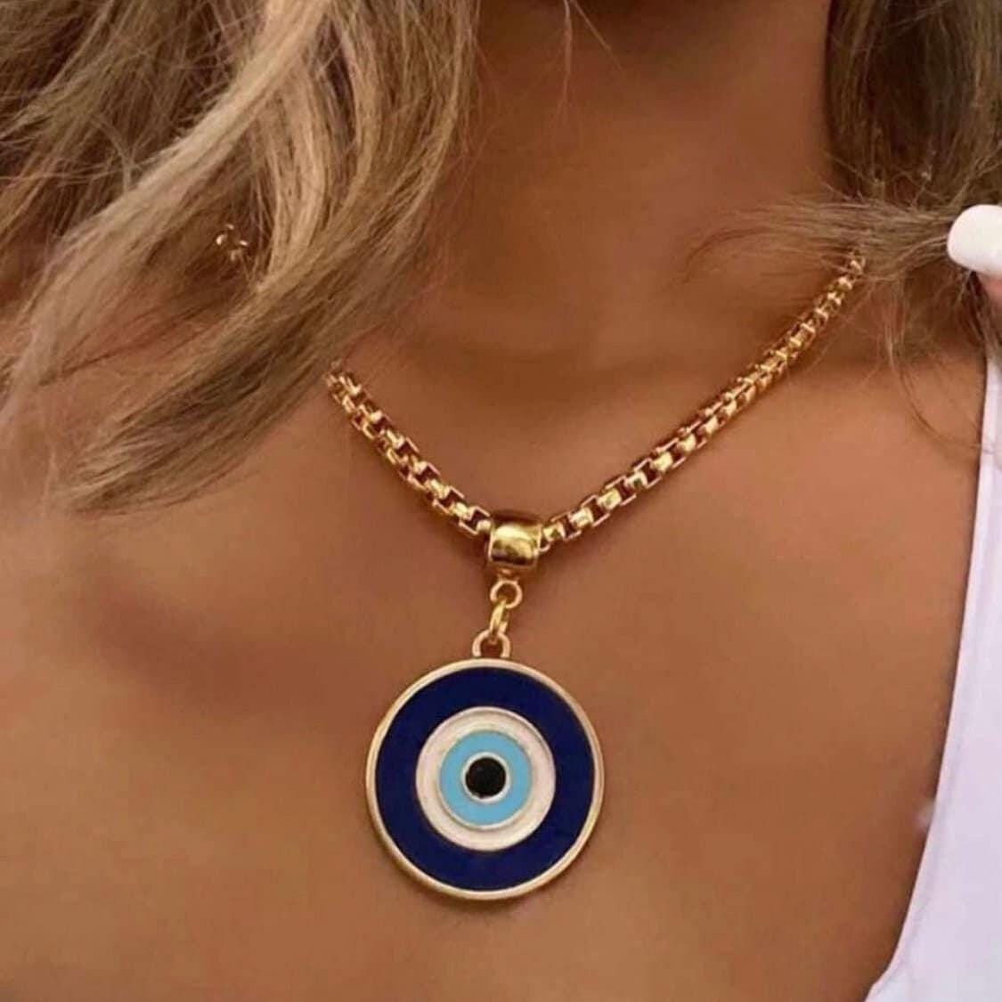Large Evil Eye Charm Necklace | Dainty Gold Chain Necklace With Evil Eye Charm Greek Eye Pendant Turkish Eye Protection Necklace For Her