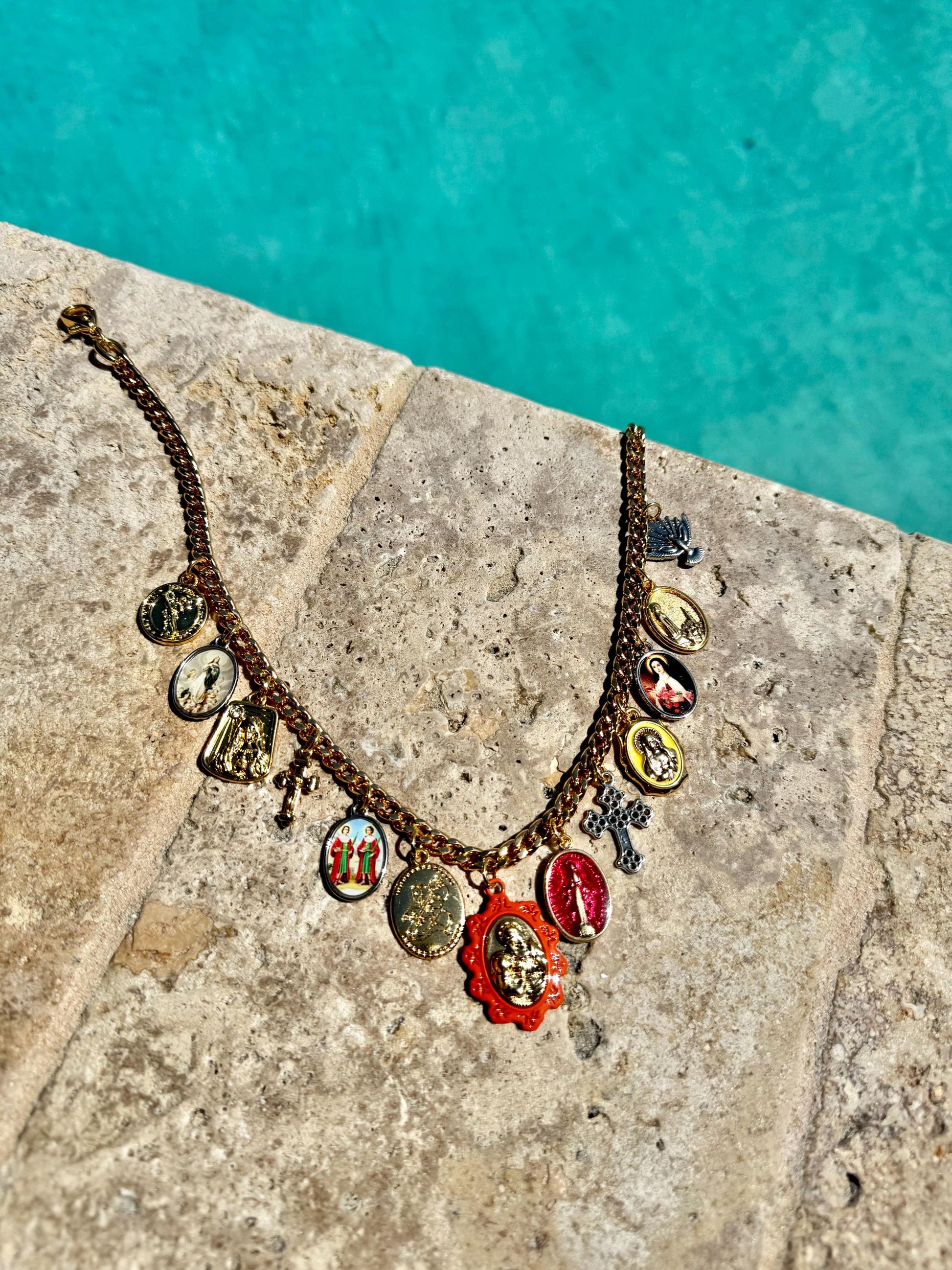 Saints Necklace | Antique Religious Charms Necklace | Catholic Necklace | St George Holly Spirit Virgin Mary Jesus Cross