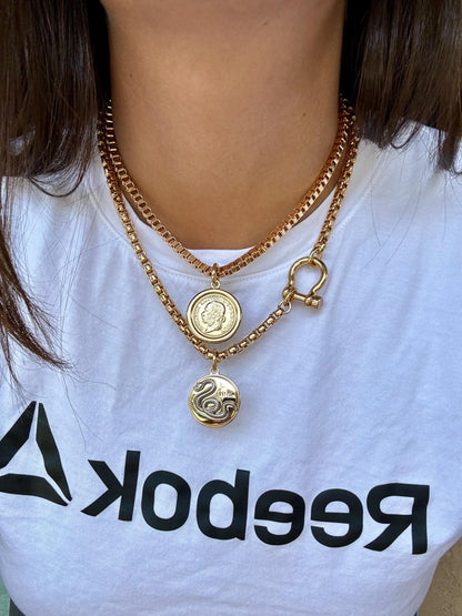 2 Gold Coin Necklaces Set | to Gift for Mom | Gold Horseshoe Shackle Clasp Necklace | Snake Charm Necklace | Boxchain Necklace with Coin