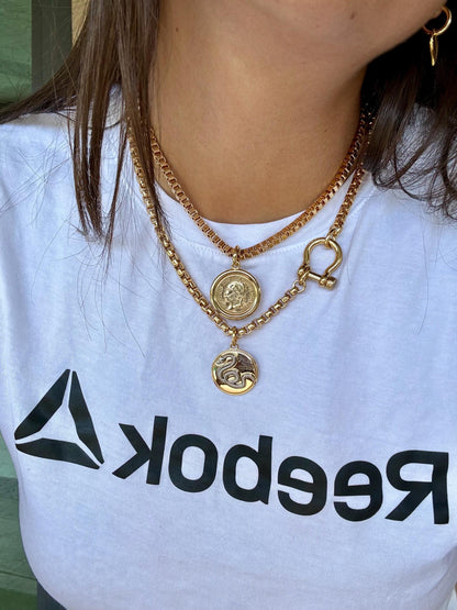 2 Gold Coin Necklaces Set | to Gift for Mom | Gold Horseshoe Shackle Clasp Necklace | Snake Charm Necklace | Boxchain Necklace with Coin