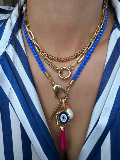 Royal blue beaded necklace with gold chain stack options — AVINZIA handmade jewelry