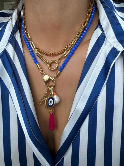 Royal blue beaded necklace with gold chain stack options by AVINZIA — handmade coastal jewelry