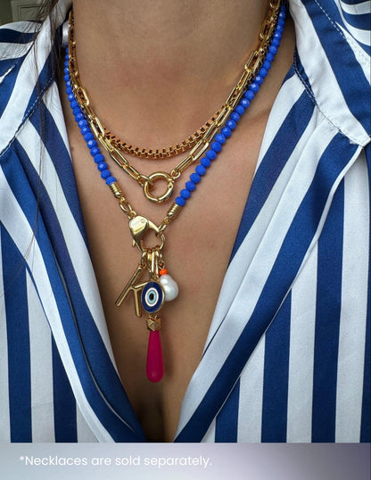 Royal blue beaded necklace with gold chain stack options — gift-ready handmade jewelry by AVINZIA
