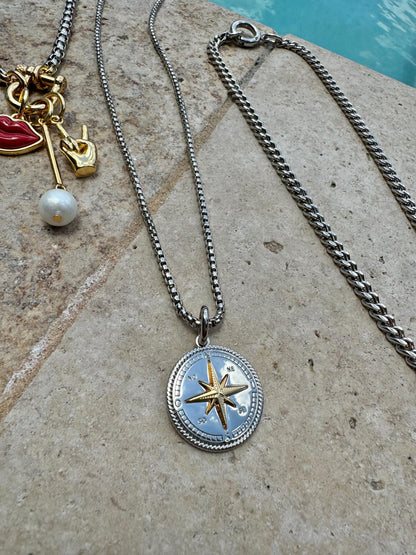 Mixed metal silver and gold necklace stack with charm chains — handmade in Florida by AVINZIA