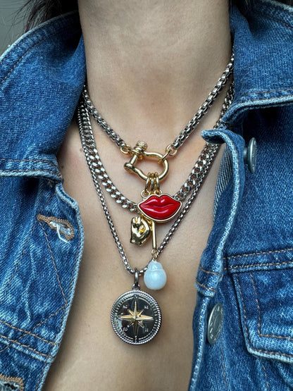 Mixed metal silver and gold necklace stack with charm chains by AVINZIA — handmade coastal jewelry