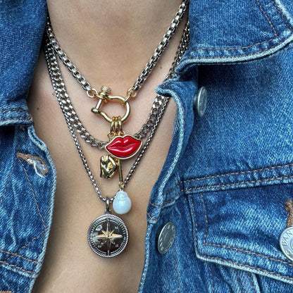 Mixed metal silver and gold necklace stack with charm chains by AVINZIA