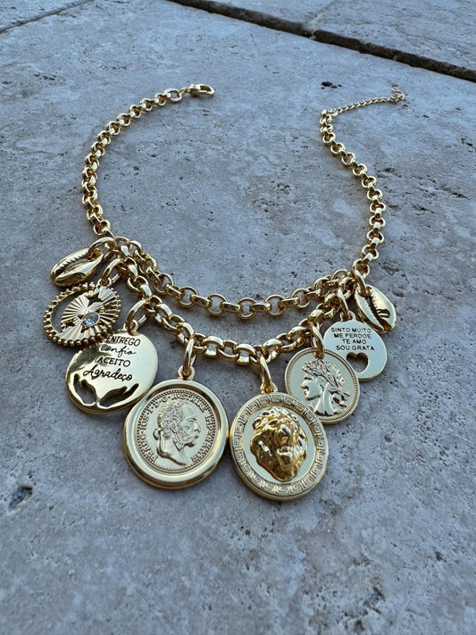 Lucky Coin Necklace | Multi Coin Charm Necklace | Lion Cowrie Shell Roman Coin Moon and Stars Austrian Coin Wish Coin Gratitude Coin