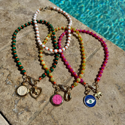 Carabiner charm necklace, pick two charms, colorful beaded styles — handmade in Florida by AVINZIA
