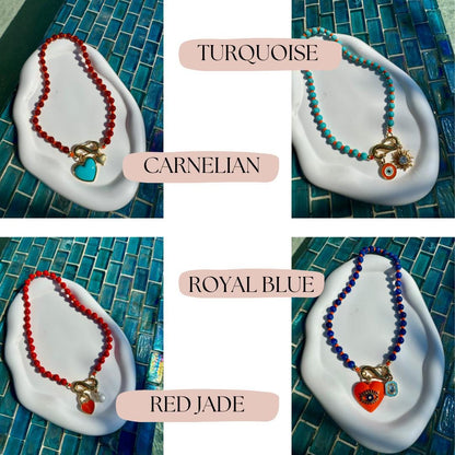 Carabiner charm necklace, pick two charms, colorful beaded styles — gift-ready handmade jewelry by AVINZIA