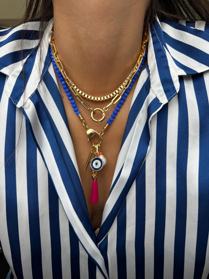 Royal blue beaded necklace with gold chain stack options by AVINZIA