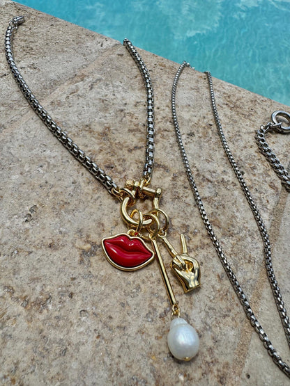 Mixed metal silver and gold necklace stack with charm chains — AVINZIA handmade jewelry