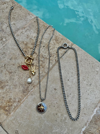 Mixed metal silver and gold necklace stack with charm chains — handmade in Florida by AVINZIA