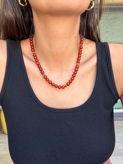 Carnelian beaded gemstone necklace with gold tooth charm — gift-ready handmade jewelry by AVINZIA