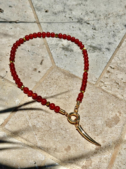 Carnelian beaded gemstone necklace with gold tooth charm — gift-ready handmade jewelry by AVINZIA