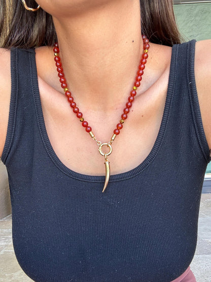 Carnelian beaded gemstone necklace with gold tooth charm — handmade in Florida by AVINZIA