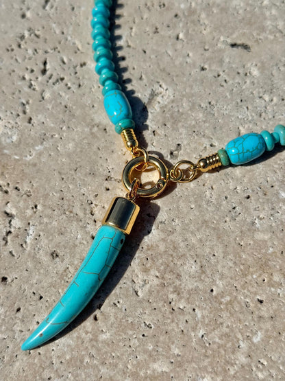 Boho turquoise beaded necklace with tusk horn pendant by AVINZIA — handmade coastal jewelry