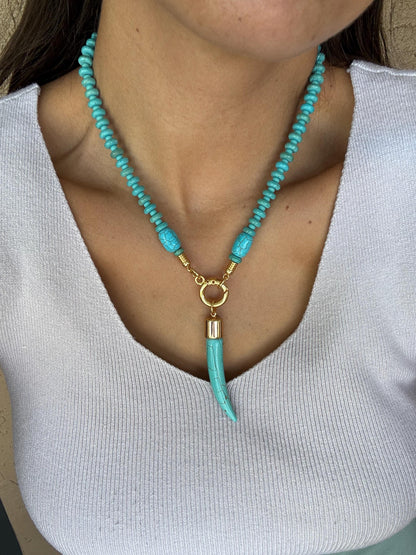 Boho turquoise beaded necklace with tusk horn pendant by AVINZIA