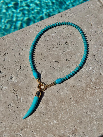Boho turquoise beaded necklace with tusk horn pendant — gift-ready handmade jewelry by AVINZIA