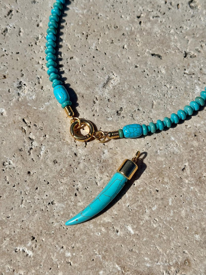 Boho turquoise beaded necklace with tusk horn pendant — AVINZIA handmade jewelry